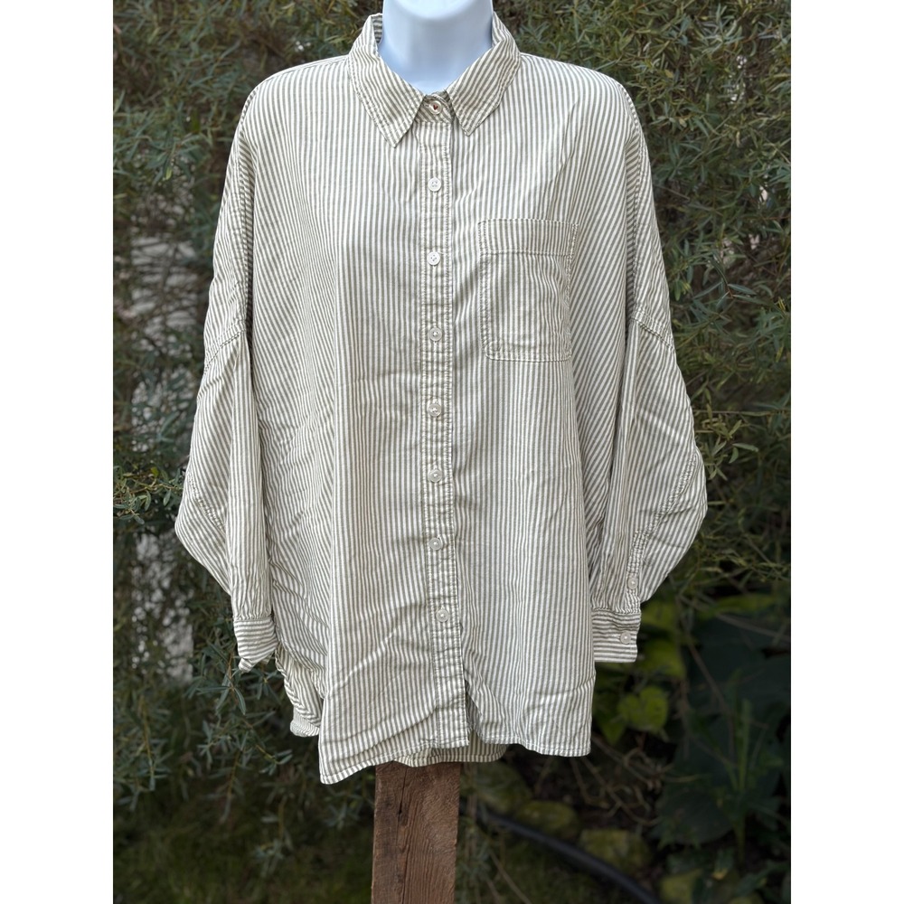 American Eagle Oversized Striped Button Down Shirt Olive Green White XS